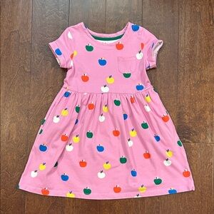 Mini Boden Pink Short Sleeve Dress with Multicolor Apple Print, Size 4-5